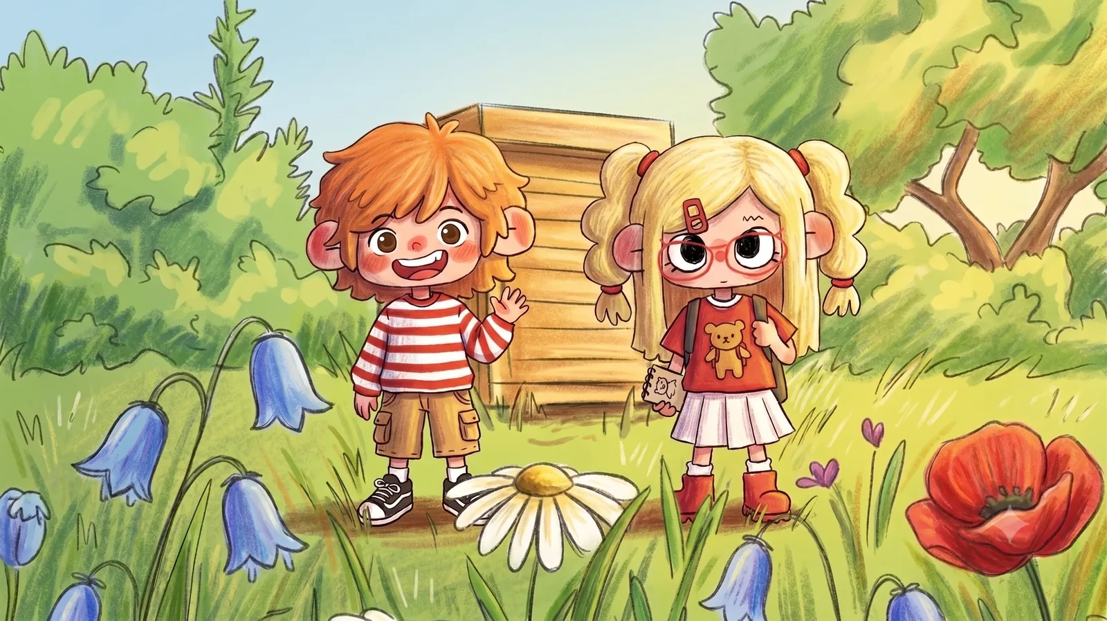 Still from the animated short: two kids in a meadow of bluebells and poppies